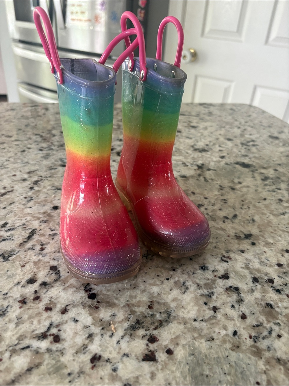 Kids Rainbow Glitter Rain Boots - Pink Handles